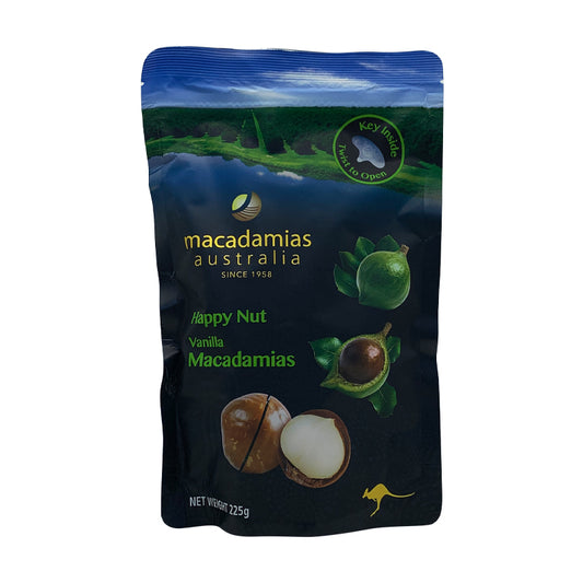 MACADAMIAS AUSTRALIA HAPPY NUT VANILLA FLAVOUR MACADAMIAS 225 G